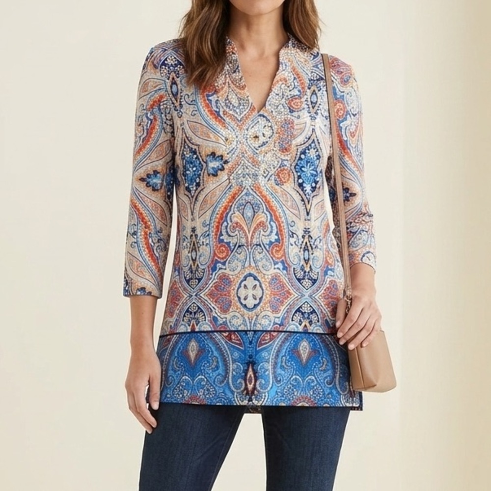 NWT Peck & Peck Red Blue Paisley Beaded Embellished Tunic Length Blouse M